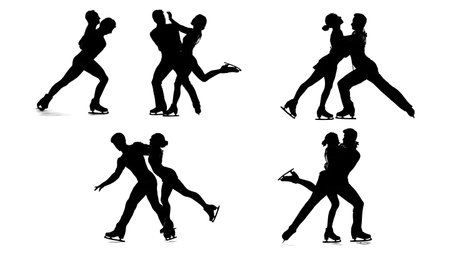 Pairs Skaters Side-by-Side Spins Silhouette isolated on plain white background.のイラスト素材