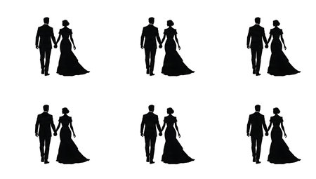 Just Married Couple Walking Away Silhouette Set isolated on plain white background.のイラスト素材