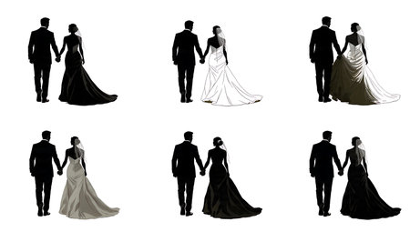 Just Married Couple Walking Away Silhouette Set isolated on plain white background.のイラスト素材