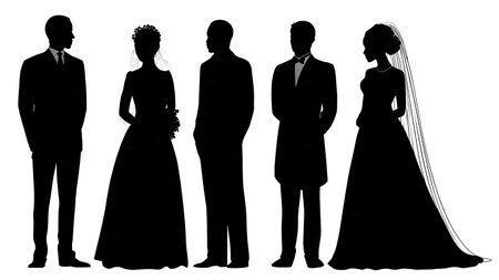 Multicultural Wedding Couple Silhouette Set isolated on plain white background.のイラスト素材