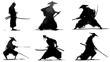 Katana Sword Position and Angle Silhouette Icons isolated on plain white background.のイラスト素材