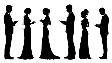Wedding Couple Admiring Rings Silhouette Set isolated on plain white background.のイラスト素材
