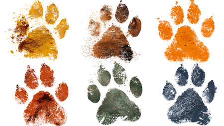 Grunge Style Muddy Paw Print Silhouette Vector Set isolated on plain white background.のイラスト素材