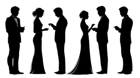 Wedding Couple Admiring Rings Silhouette Set isolated on plain white background.のイラスト素材