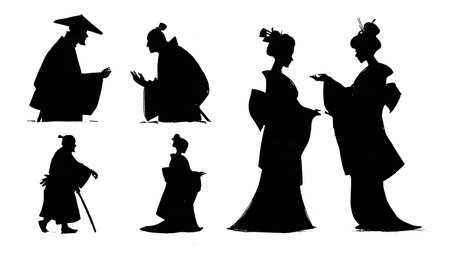 Samurai and Geisha Interaction Silhouette Set isolated on plain white background.のイラスト素材