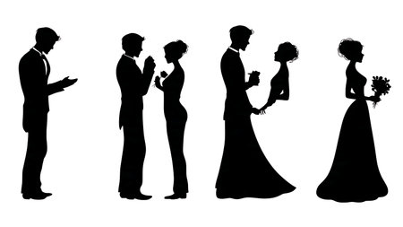 Playful Argument Wedding Couple Silhouette Set isolated on plain white background.のイラスト素材