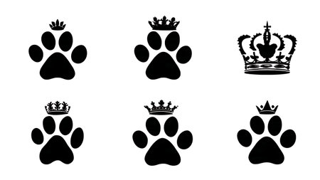 Paw Print with Royal Crown Silhouette Icon Pack isolated on plain white background.のイラスト素材
