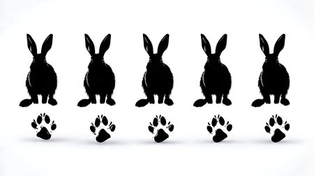 Rabbit Paw Print Bounding Track Silhouette Pack isolated on plain white background.のイラスト素材