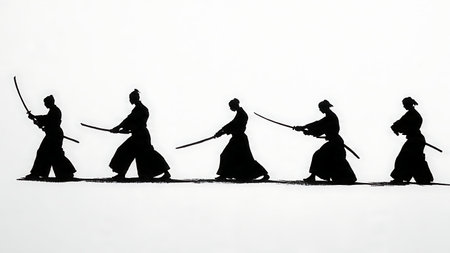 Samurai Training with Bokken Silhouette Set isolated on plain white background.