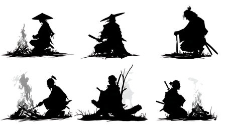 Samurai by Campfire Silhouette Scene Set isolated on plain white background.のイラスト素材