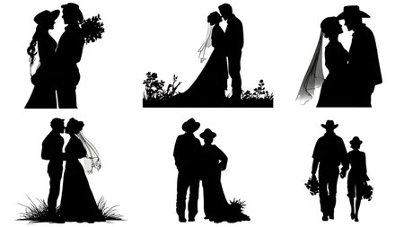 Rustic Countryside Wedding Couple Silhouette Pack isolated on plain white background.のイラスト素材