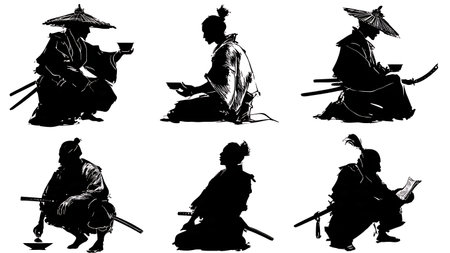 Samurai Daily Life and Leisure Silhouette Set isolated on plain white background.のイラスト素材