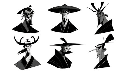 Samurai Face Emotion Silhouette Icon Set isolated on plain white background.のイラスト素材