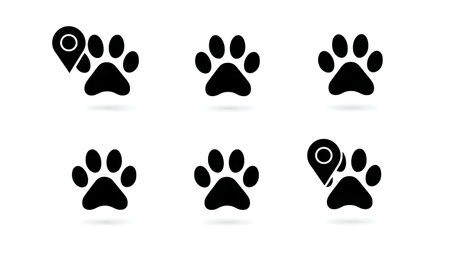 Paw Print Location Pin Map Icon Silhouette Set isolated on plain white background.のイラスト素材