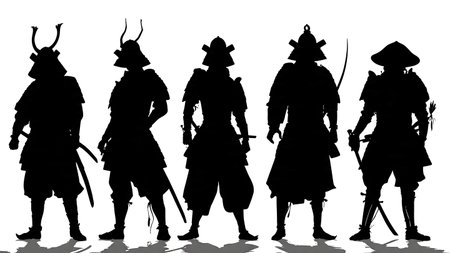 Armored Samurai Warrior Silhouette Collection isolated on plain white background.のイラスト素材