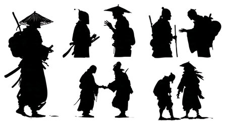 Samurai Protecting Villagers Silhouette Set isolated on plain white background.のイラスト素材