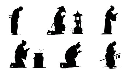 Samurai Praying at Shrine Silhouette Collection isolated on plain white background.のイラスト素材