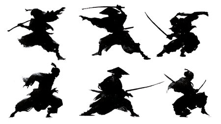 Defeated Samurai Falling Silhouette Set isolated on plain white background.のイラスト素材