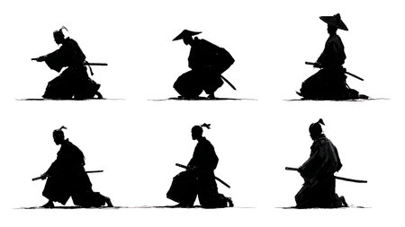 Defiant Samurai Final Pose Silhouette Collection isolated on plain white background.のイラスト素材