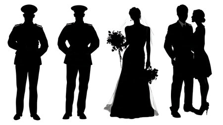 Police Officer Groom and Bride Silhouette Pack isolated on plain white background.のイラスト素材