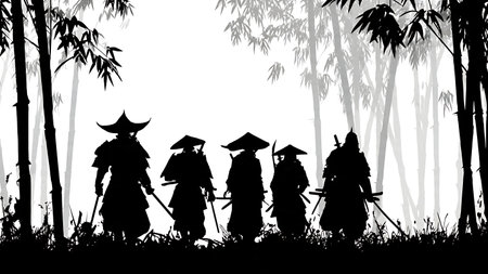 Samurai in Bamboo Forest Silhouette Scene Set isolated on plain white background.のイラスト素材