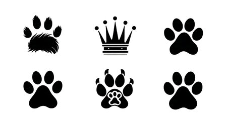 Paw Print with Royal Crown Silhouette Icon Pack isolated on plain white background.のイラスト素材