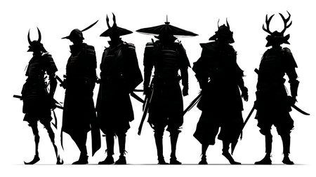 Armored Samurai Warrior Silhouette Collection isolated on plain white background.のイラスト素材