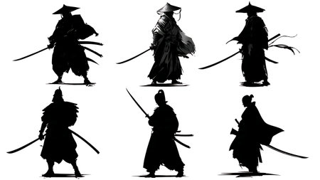 Samurai with Nodachi Greatsword Silhouette Pack isolated on plain white background.のイラスト素材