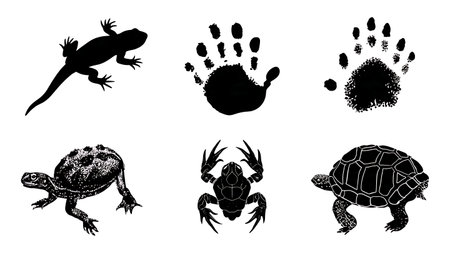 Reptile and Amphibian Footprint Silhouette Pack isolated on plain white background.のイラスト素材