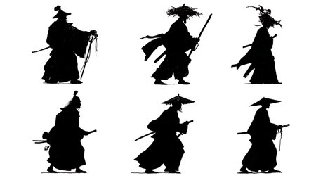 Samurai in Ceremonial Duty Silhouette Set isolated on plain white background.のイラスト素材