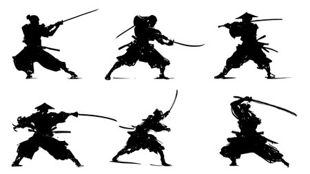 Dueling Samurai Silhouette Fight Scene Vector Set isolated on plain white background.のイラスト素材