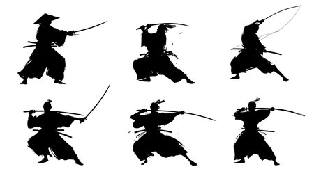 Samurai Deflecting Arrows Silhouette Action Set isolated on plain white background.のイラスト素材