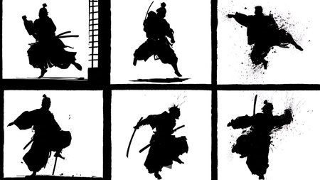 Samurai Bursting Through Shoji Screen Silhouette Set isolated on plain white background.のイラスト素材