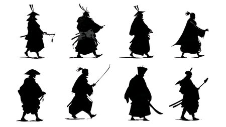 Samurai in Ceremonial Duty Silhouette Set isolated on plain white background.のイラスト素材