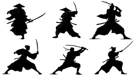 Dynamic Samurai Combat Action Silhouette Set isolated on plain white background.のイラスト素材