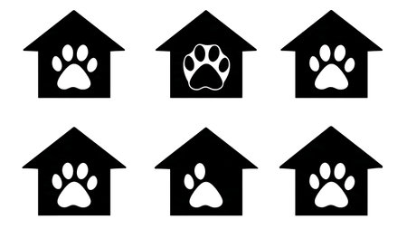 Pet Friendly Home with Paw Print Icon Silhouette Set isolated on plain white background.のイラスト素材