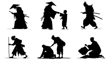 Benevolent Samurai Helping Villager Silhouette Set isolated on plain white background.のイラスト素材