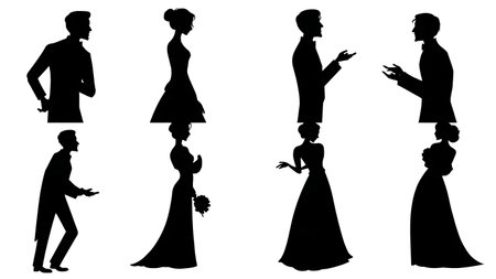 Playful Argument Wedding Couple Silhouette Set isolated on plain white background.のイラスト素材