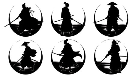 Circular Samurai Emblem Silhouette Collection isolated on plain white background.のイラスト素材