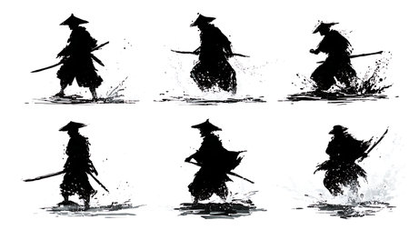 Samurai Crossing River Silhouette Action Pack isolated on plain white background.のイラスト素材