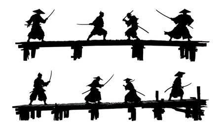 Dramatic Samurai Duel on Bridge Silhouette Scenes isolated on plain white background.のイラスト素材