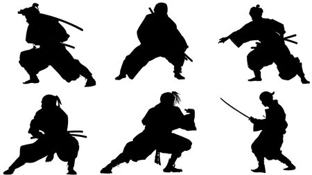 Crouching and Stealthy Samurai Silhouette Set isolated on plain white background.のイラスト素材