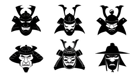 Samurai Face Emotion Silhouette Icon Set isolated on plain white background.のイラスト素材