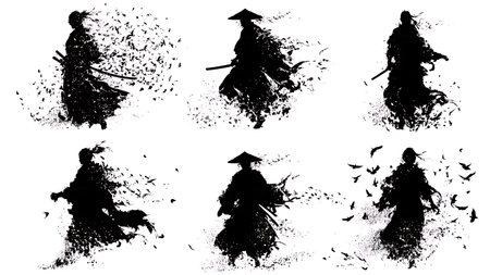Abstract Dissolving Samurai Silhouette Fantasy Set isolated on plain white background.のイラスト素材