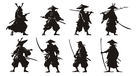 Samurai Bodyguard (Yojimbo) Protective Silhouette Set isolated on plain white background.のイラスト素材