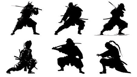 Crouching and Stealthy Samurai Silhouette Set isolated on plain white background.のイラスト素材
