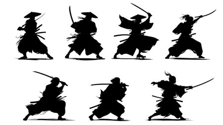 Samurai Fighting Horde Back-to-Back Silhouette Pack isolated on plain white background.のイラスト素材