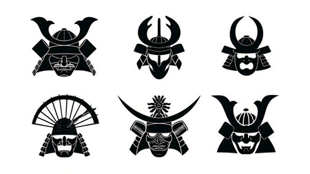 Samurai Clan Mon (Crest) Silhouette Icon Set isolated on plain white background.のイラスト素材