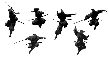Leaping and Acrobatic Samurai Silhouette Collection isolated on plain white background.のイラスト素材
