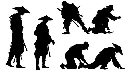 Benevolent Samurai Helping Villager Silhouette Set isolated on plain white background.のイラスト素材